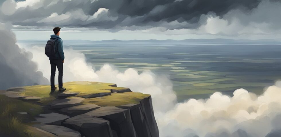 A person standing at the edge of a cliff, looking down at the vast expanse below, with a storm brewing in the distance