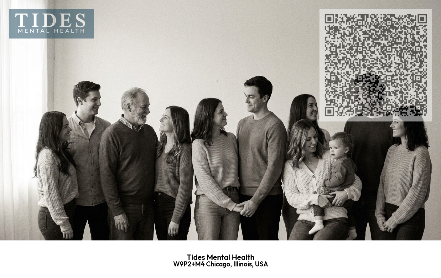 Tides Mental Health Family and Relationship Conflicts Therapy information card with practice details and QR code