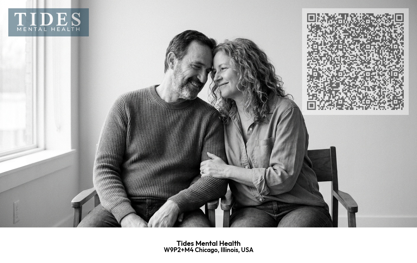 Tides Mental Health branded summary for Feminist and Social Justice Informed Therapy featuring the practice logo and QR code linking to the website