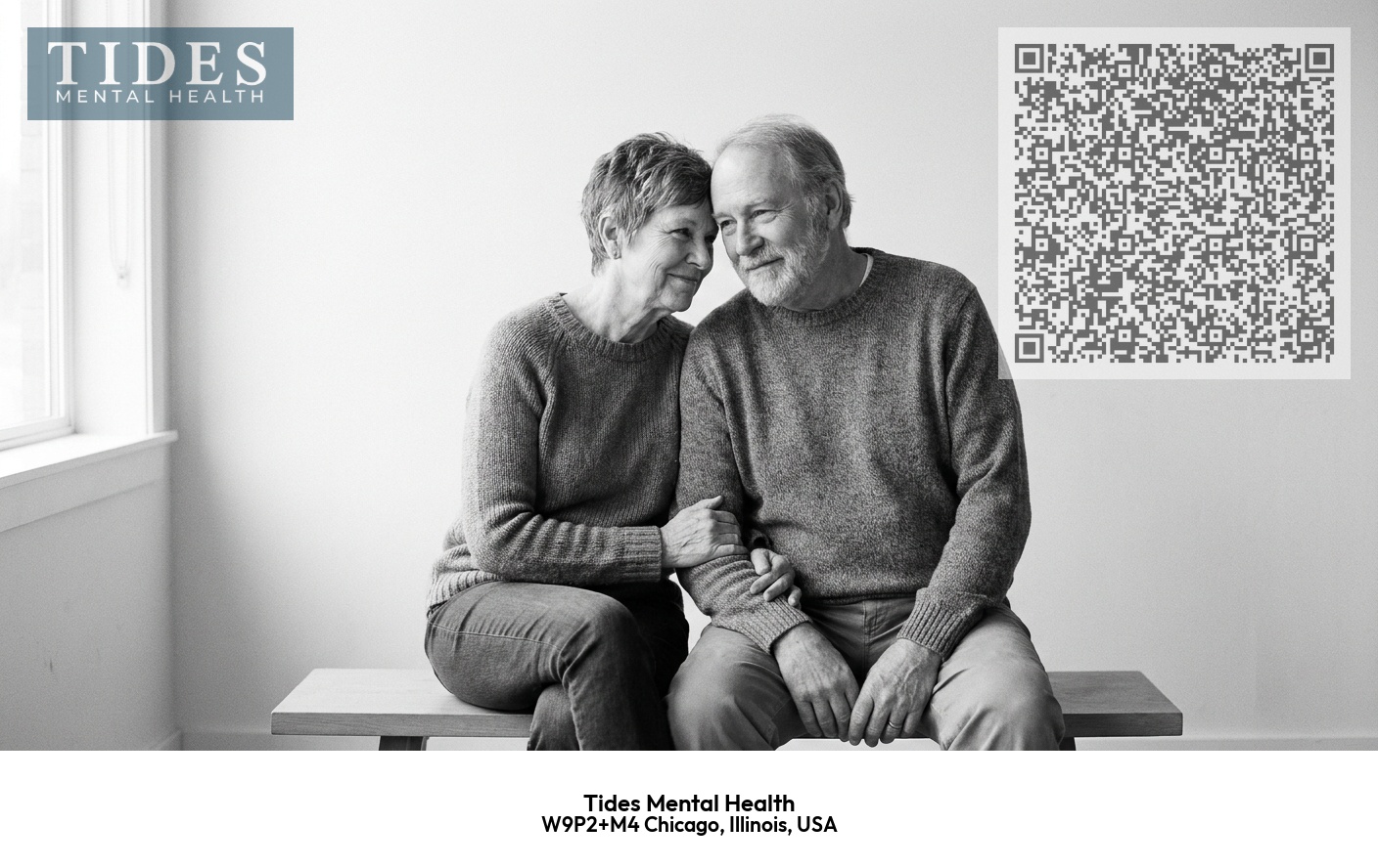 Tides Mental Health Chicago: grief and loss therapy branded summary with logo and QR code