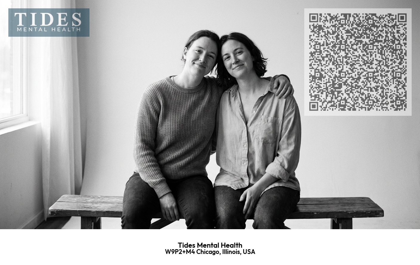 Tides Mental Health Chicago branded image featuring logo, QR code, and practice information for LGBTQIA+ affirming therapy