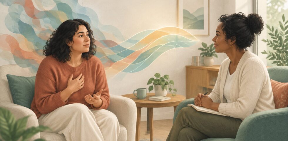 A therapist listens as a woman discusses her feelings, illustrating how Therapy For Emotional Understanding can support emotional awareness and healthy self-expression.