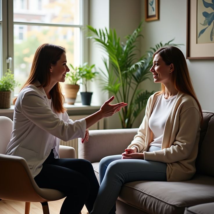 Therapist and client having a supportive conversation during an in-person counseling session in a bright, plant-filled office.